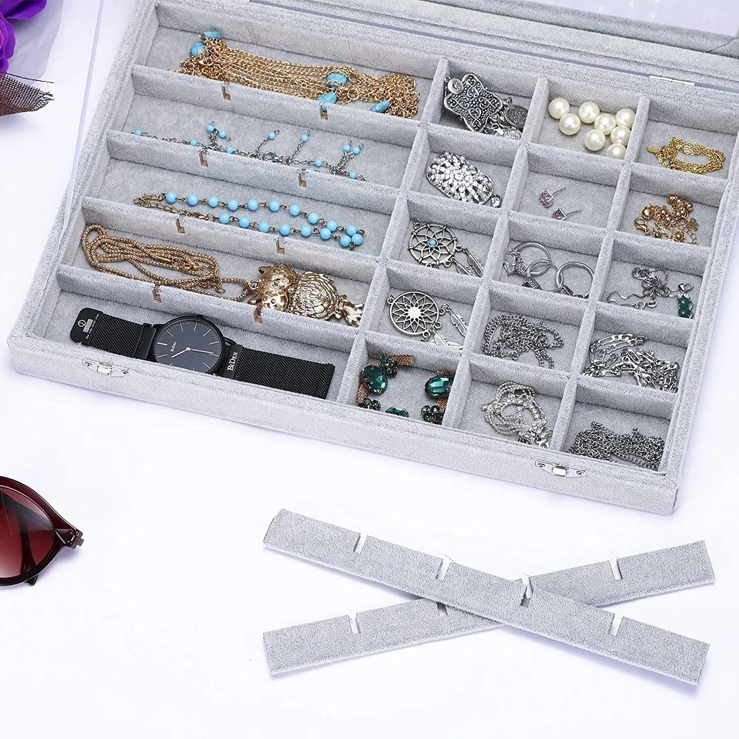 Jewelry Organizer Tray with Clear Lid 30 Grid Velvet Drawer Insert Jewelry Storage box with Glass lid Display Case Store Showcase Holder with Lock Gifts for Women(Grey, 30 Grid)