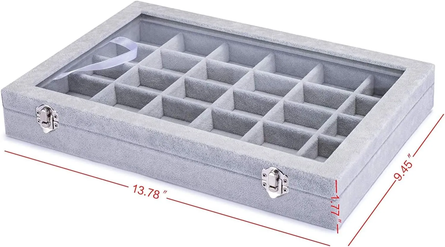 Jewelry Organizer Tray with Clear Lid 30 Grid Velvet Drawer Insert Jewelry Storage box with Glass lid Display Case Store Showcase Holder with Lock Gifts for Women(Grey, 30 Grid)