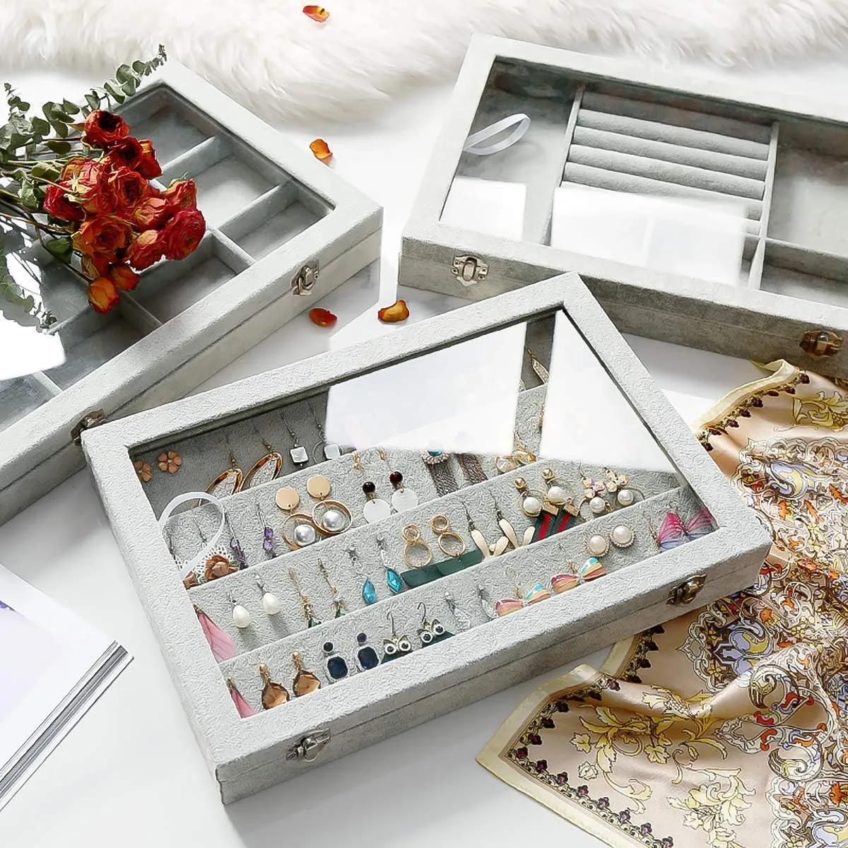 Jewelry Tray 12 Grid Velvet Jewelry Organizer with Clear Lid Transparent Earring Bracelet Organizer Holder Case with Clasp Drawer Insert for Rings Studs Gift for Women Girls (Grey)