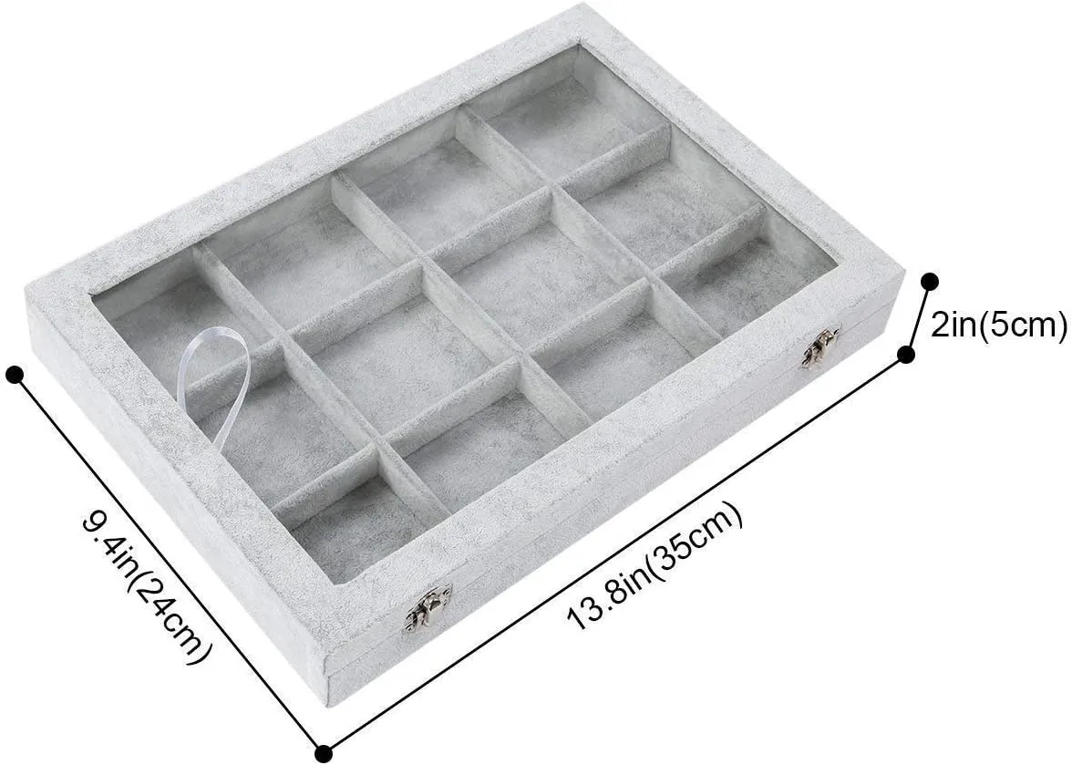 Jewelry Tray 12 Grid Velvet Jewelry Organizer with Clear Lid Transparent Earring Bracelet Organizer Holder Case with Clasp Drawer Insert for Rings Studs Gift for Women Girls (Grey)