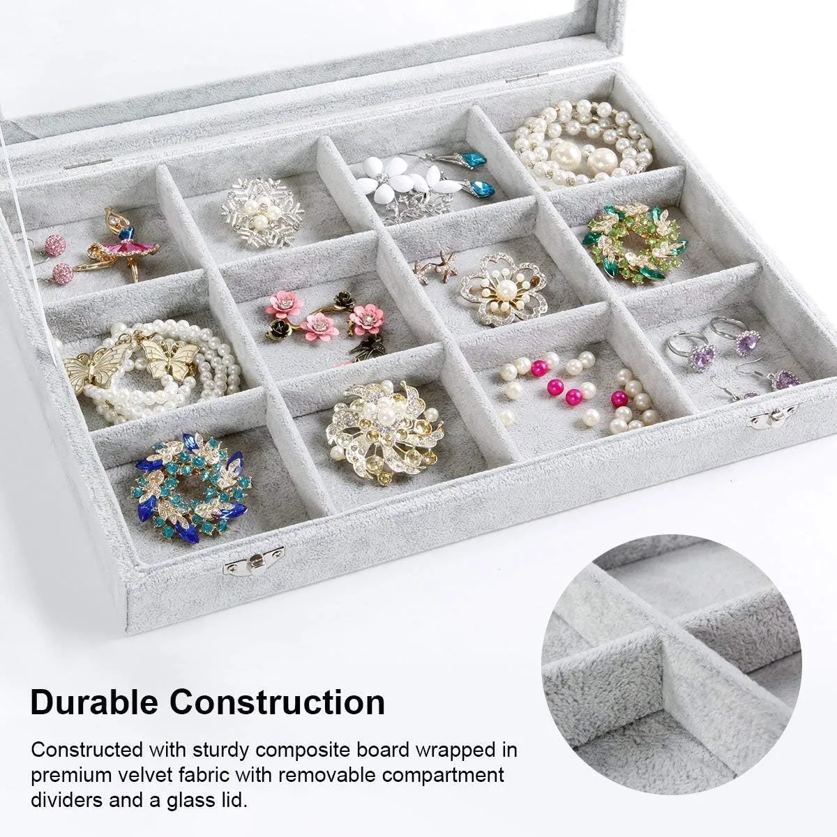 Jewelry Tray 12 Grid Velvet Jewelry Organizer with Clear Lid Transparent Earring Bracelet Organizer Holder Case with Clasp Drawer Insert for Rings Studs Gift for Women Girls (Grey)