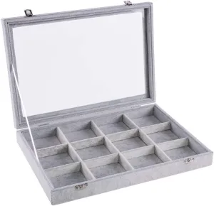 Jewelry Tray 12 Grid Velvet Jewelry Organizer with Clear Lid Transparent Earring Bracelet Organizer Holder Case with Clasp Drawer Insert for Rings Studs Gift for Women Girls (Grey)