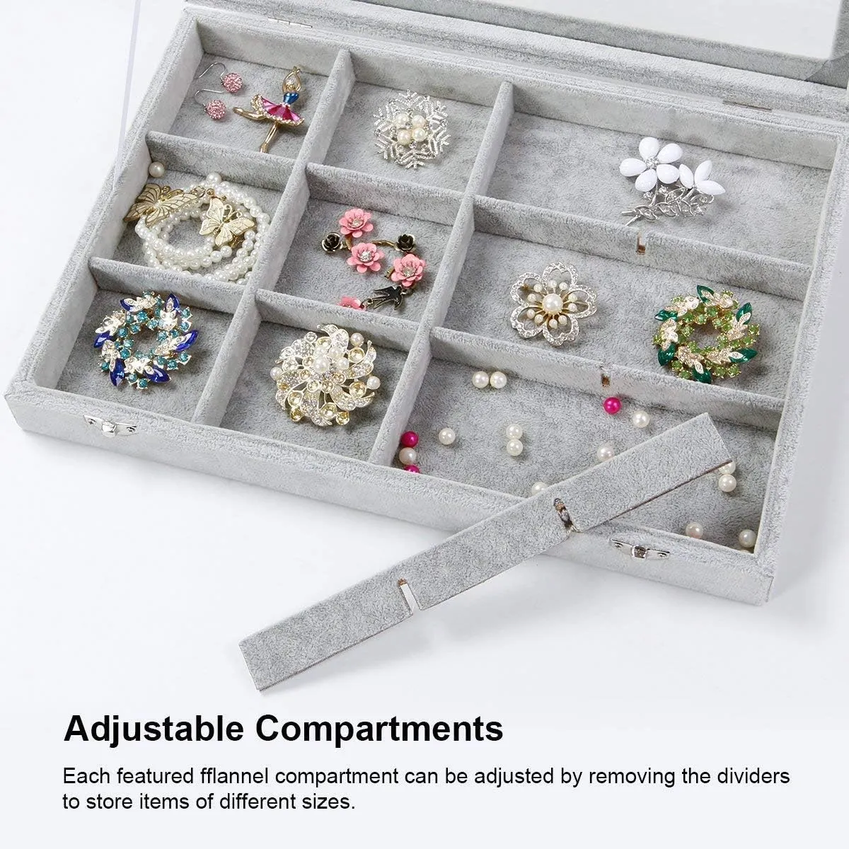 Jewelry Tray 12 Grid Velvet Jewelry Organizer with Clear Lid Transparent Earring Bracelet Organizer Holder Case with Clasp Drawer Insert for Rings Studs Gift for Women Girls (Grey)