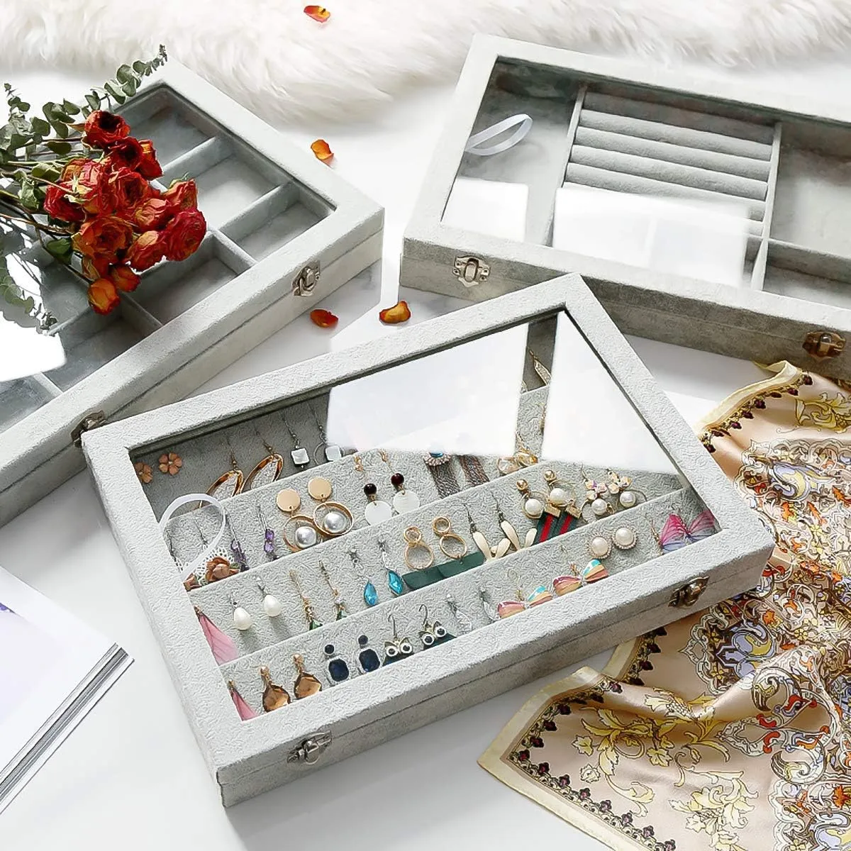 Jewelry Tray Earring Organizer Box with Clear Lid Velvet Tray for Jewelry Storage Display Case Dustproof Earring Jewelry Box Organizer & Tray Gift for Women Girls (Grey)