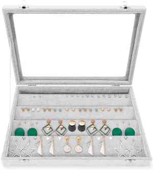 Jewelry Tray Earring Organizer Box with Clear Lid Velvet Tray for Jewelry Storage Display Case Dustproof Earring Jewelry Box Organizer & Tray Gift for Women Girls (Grey)