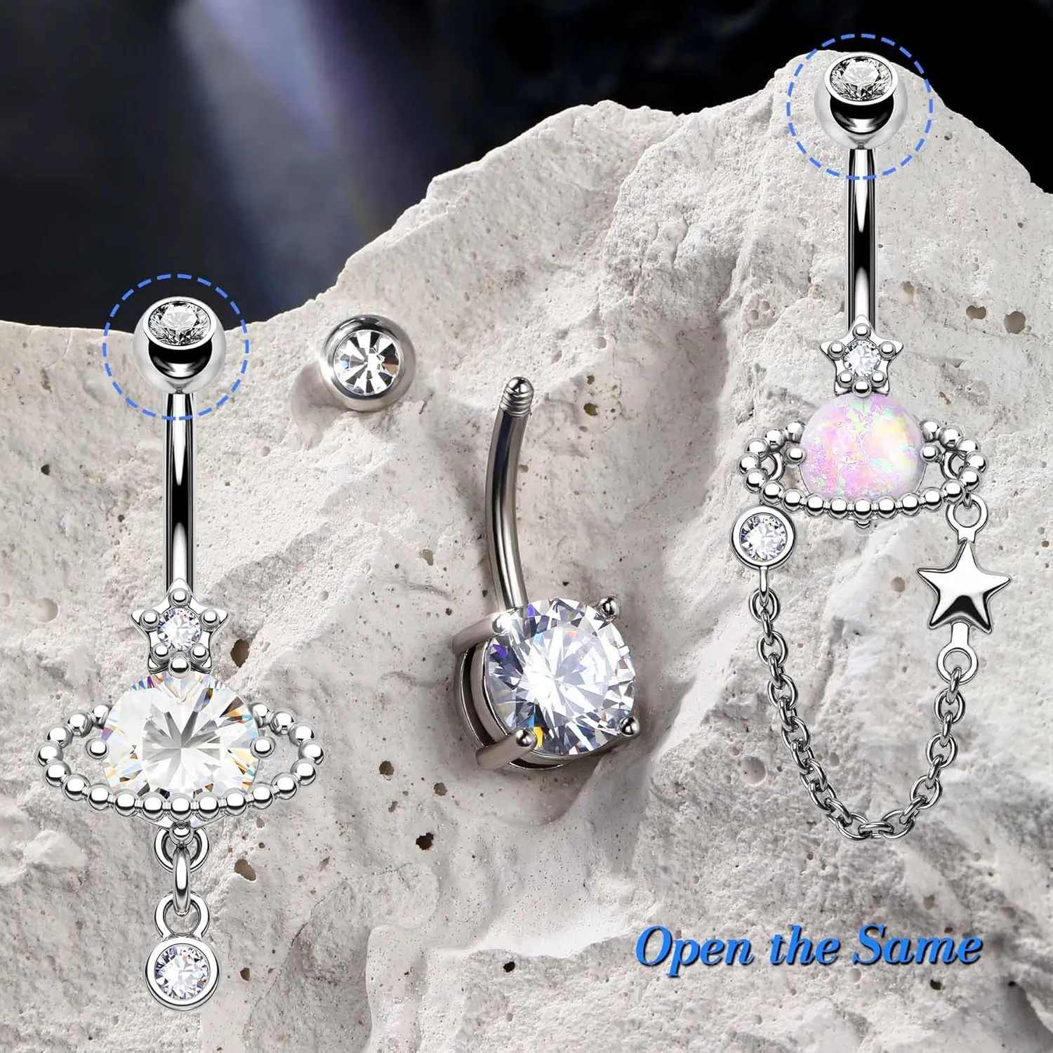 Jewseen 3Pcs Belly Button Ring Surgical Steel Belly Piercing Jewelry 14G Navel Ring Planet Belly Barbell Moon Curved Barbell for Women Men