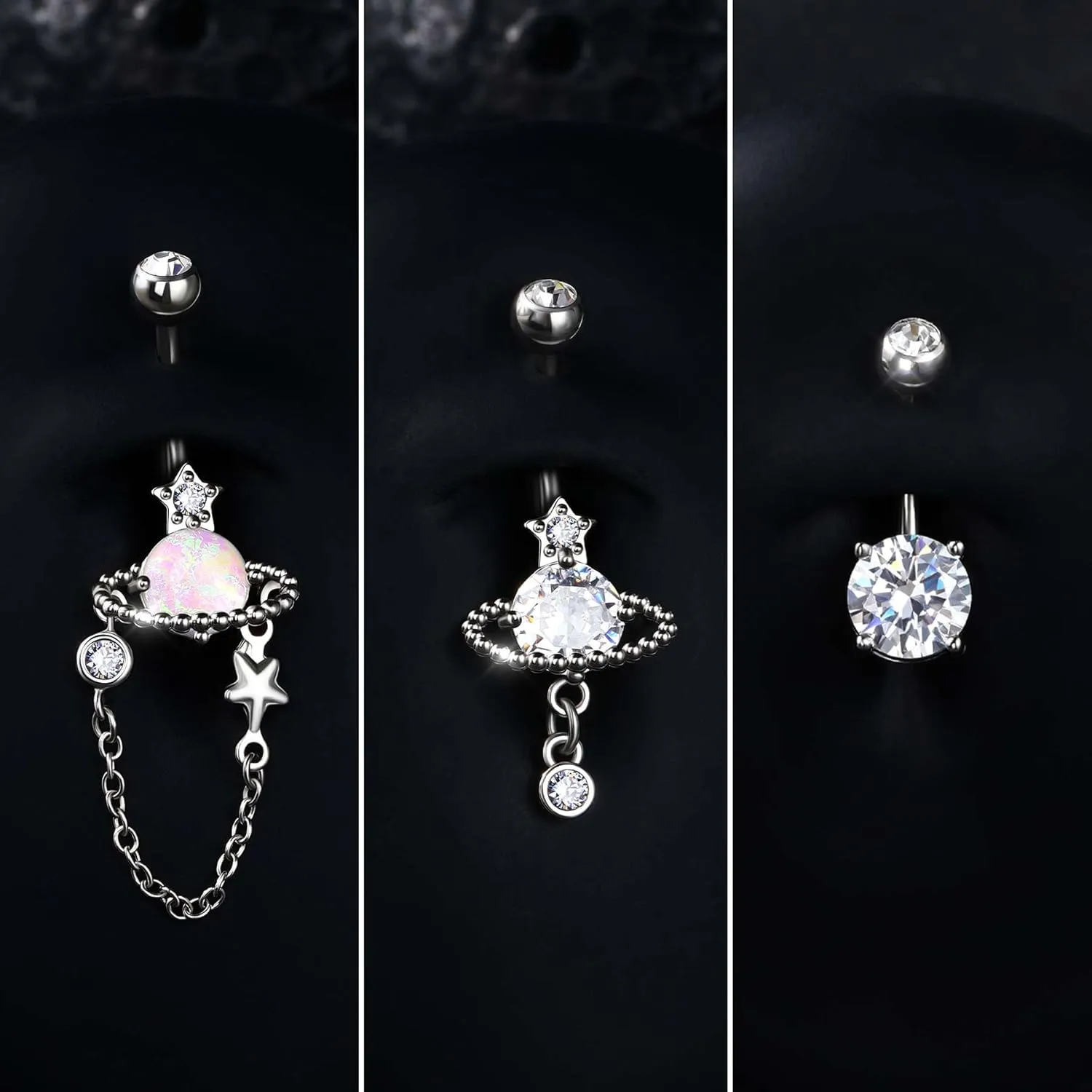 Jewseen 3Pcs Belly Button Ring Surgical Steel Belly Piercing Jewelry 14G Navel Ring Planet Belly Barbell Moon Curved Barbell for Women Men