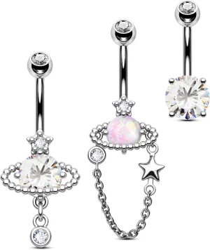 Jewseen 3Pcs Belly Button Ring Surgical Steel Belly Piercing Jewelry 14G Navel Ring Planet Belly Barbell Moon Curved Barbell for Women Men