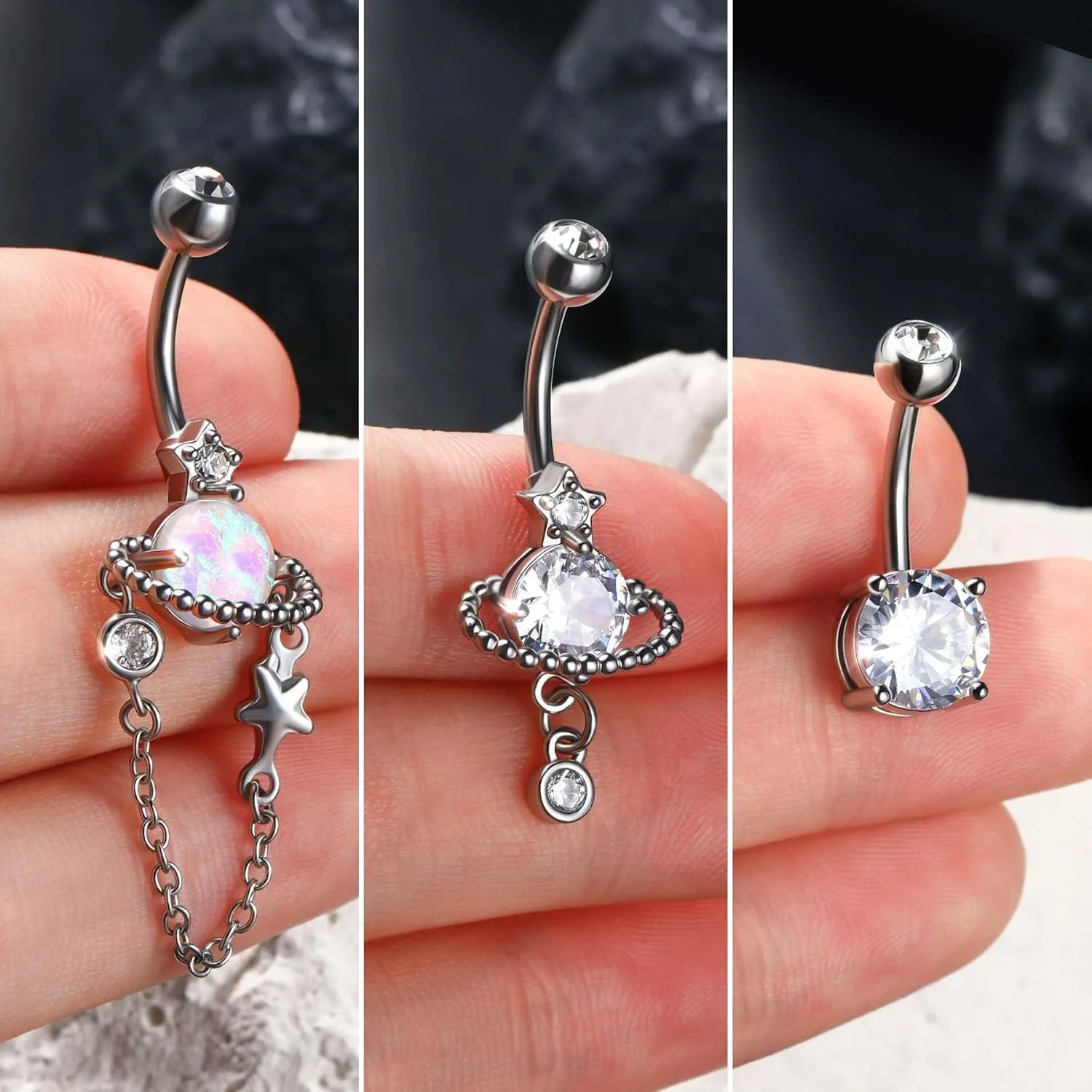 Jewseen 3Pcs Belly Button Ring Surgical Steel Belly Piercing Jewelry 14G Navel Ring Planet Belly Barbell Moon Curved Barbell for Women Men