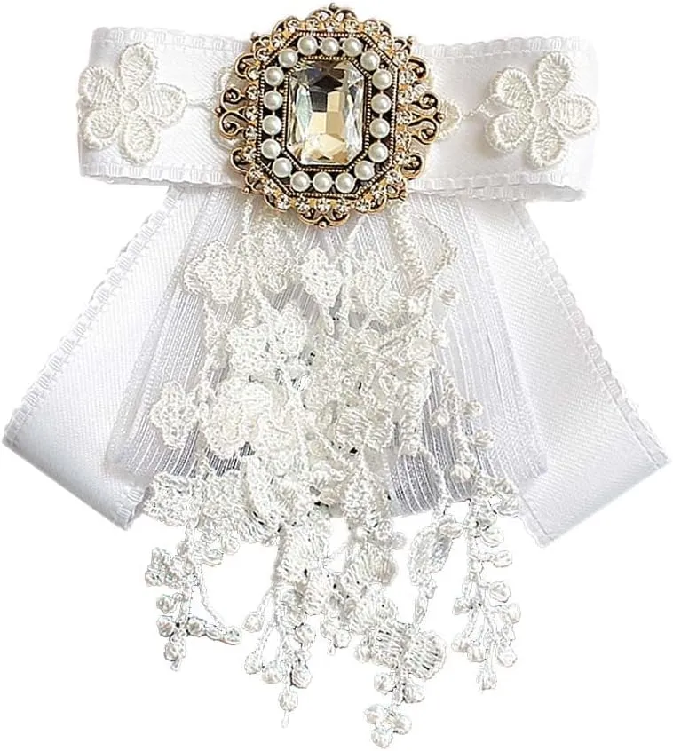 JKQBUX White lace Bow Tie Brooches for Women Fashion jabot collar brooch pins Pre-Tied Neck Tie Shirt Corsage Neck Tie