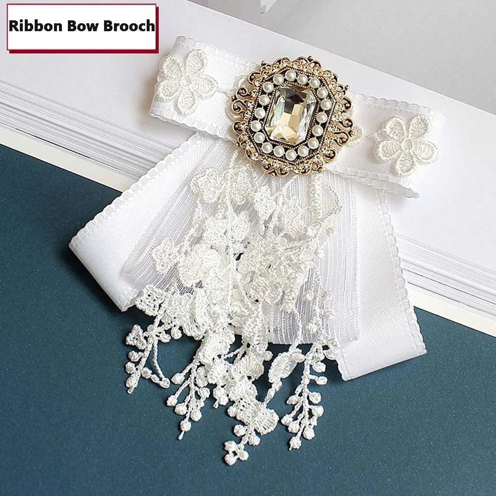 JKQBUX White lace Bow Tie Brooches for Women Fashion jabot collar brooch pins Pre-Tied Neck Tie Shirt Corsage Neck Tie