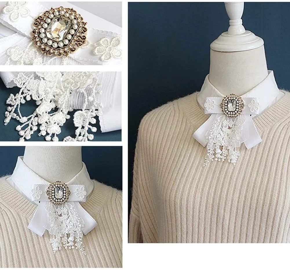 JKQBUX White lace Bow Tie Brooches for Women Fashion jabot collar brooch pins Pre-Tied Neck Tie Shirt Corsage Neck Tie