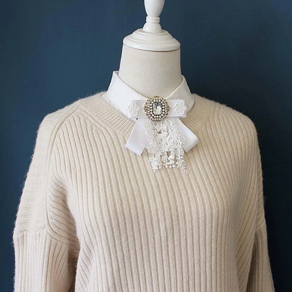 JKQBUX White lace Bow Tie Brooches for Women Fashion jabot collar brooch pins Pre-Tied Neck Tie Shirt Corsage Neck Tie