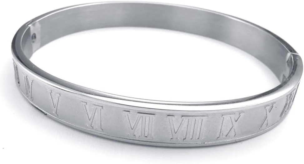 Jonline24h Mens Womens Stainless Steel Bracelet Classic Roman Numeral Cuff Bangle Silver
