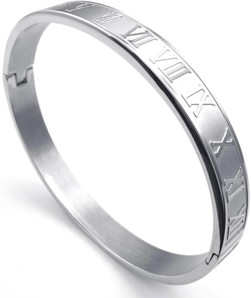 Jonline24h Mens Womens Stainless Steel Bracelet Classic Roman Numeral Cuff Bangle Silver
