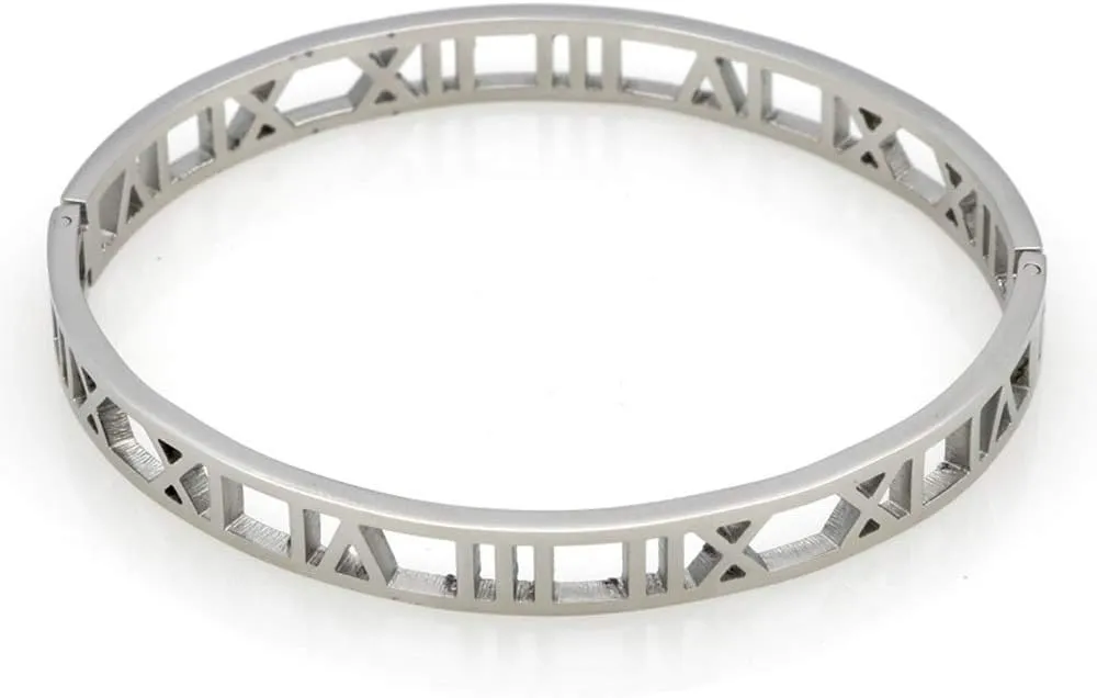 Jonline24h Mens Womens Stainless Steel Bracelet Classic Roman Numeral Cuff Bangle Silver