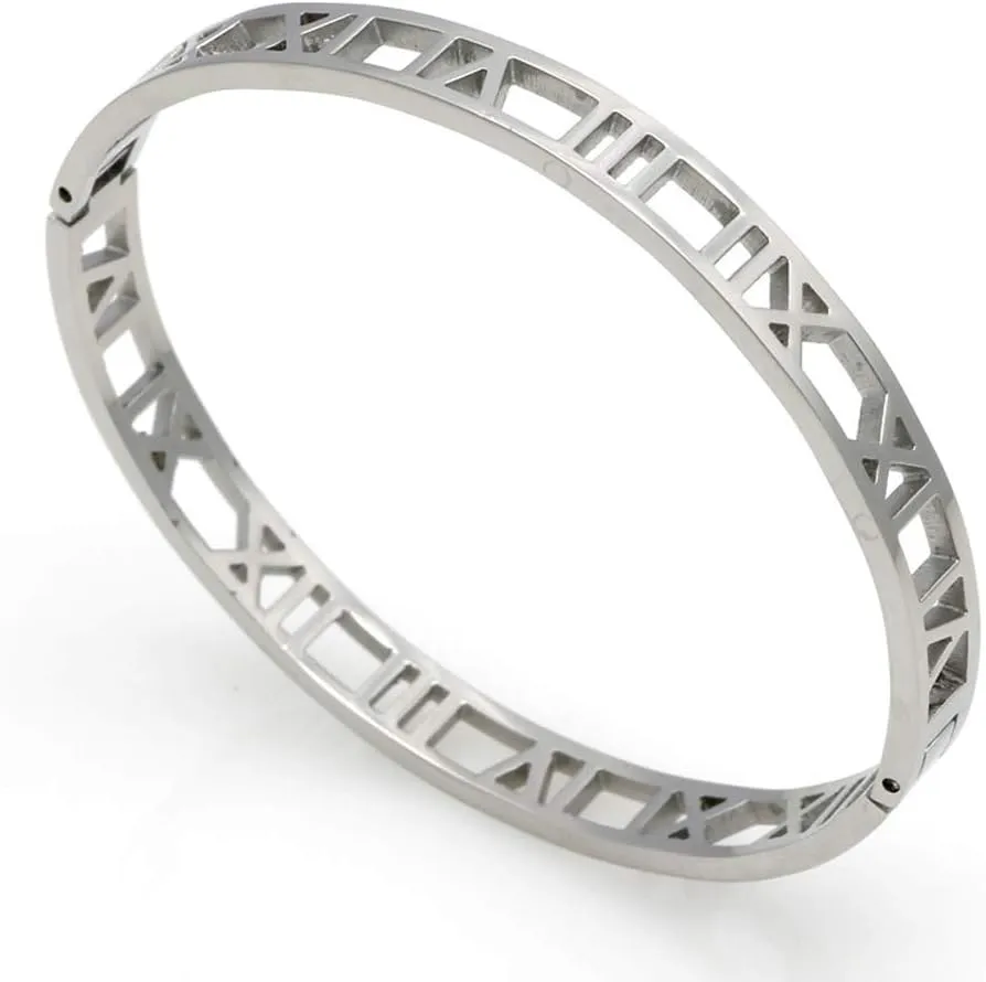 Jonline24h Mens Womens Stainless Steel Bracelet Classic Roman Numeral Cuff Bangle Silver