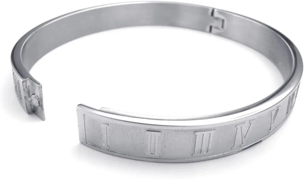 Jonline24h Mens Womens Stainless Steel Bracelet Classic Roman Numeral Cuff Bangle Silver