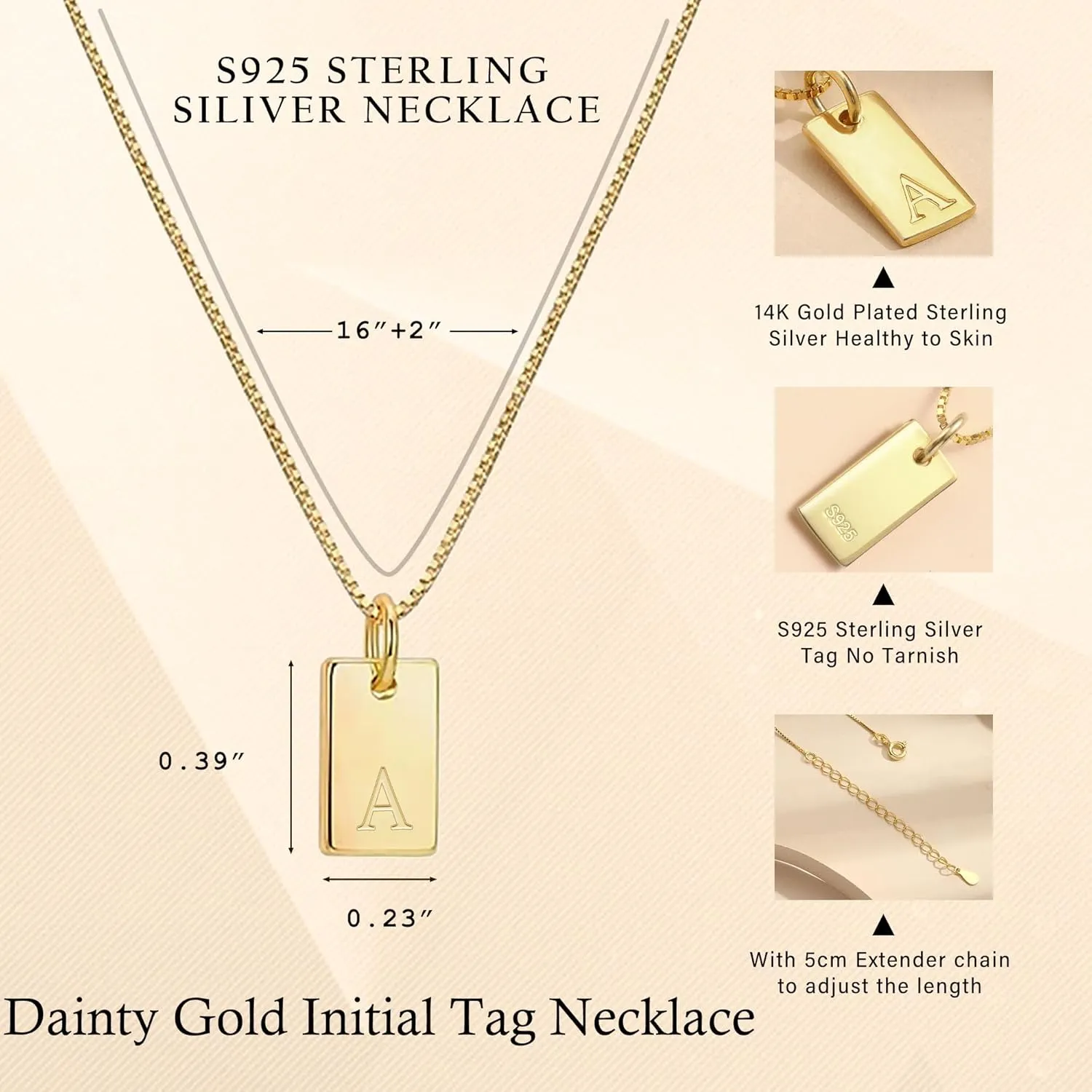 JSJOY S925 Sterling Silver Initial Necklaces for Women 14K Gold Plated Dainty Letter Name Necklace Personalized Tag Necklace for Women Trendy Pendant Jewelry Gifts