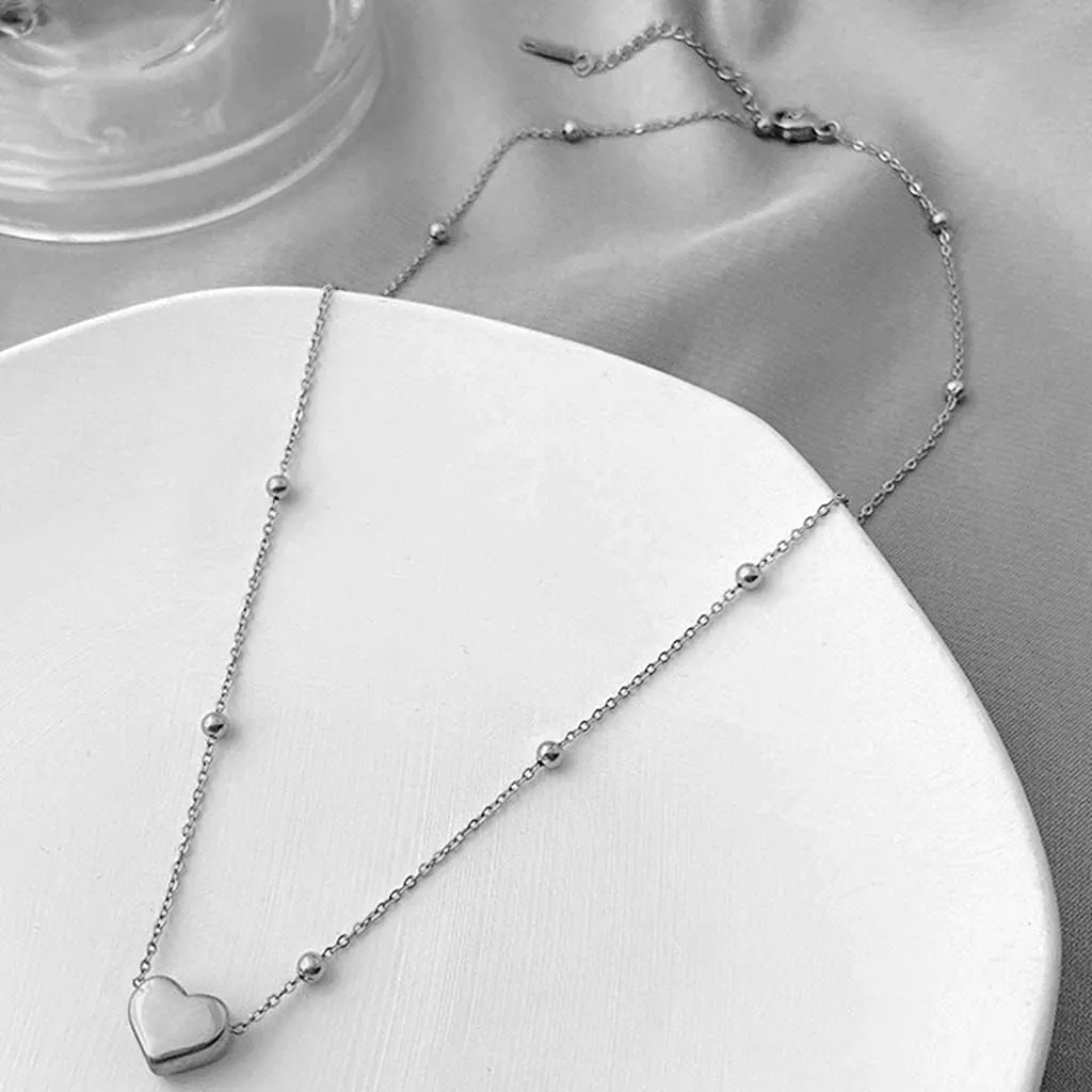 Jude Jewelers Stainless Steel Heart Charm Beaded Chain Classic Plain Wedding Statement Collar Necklace