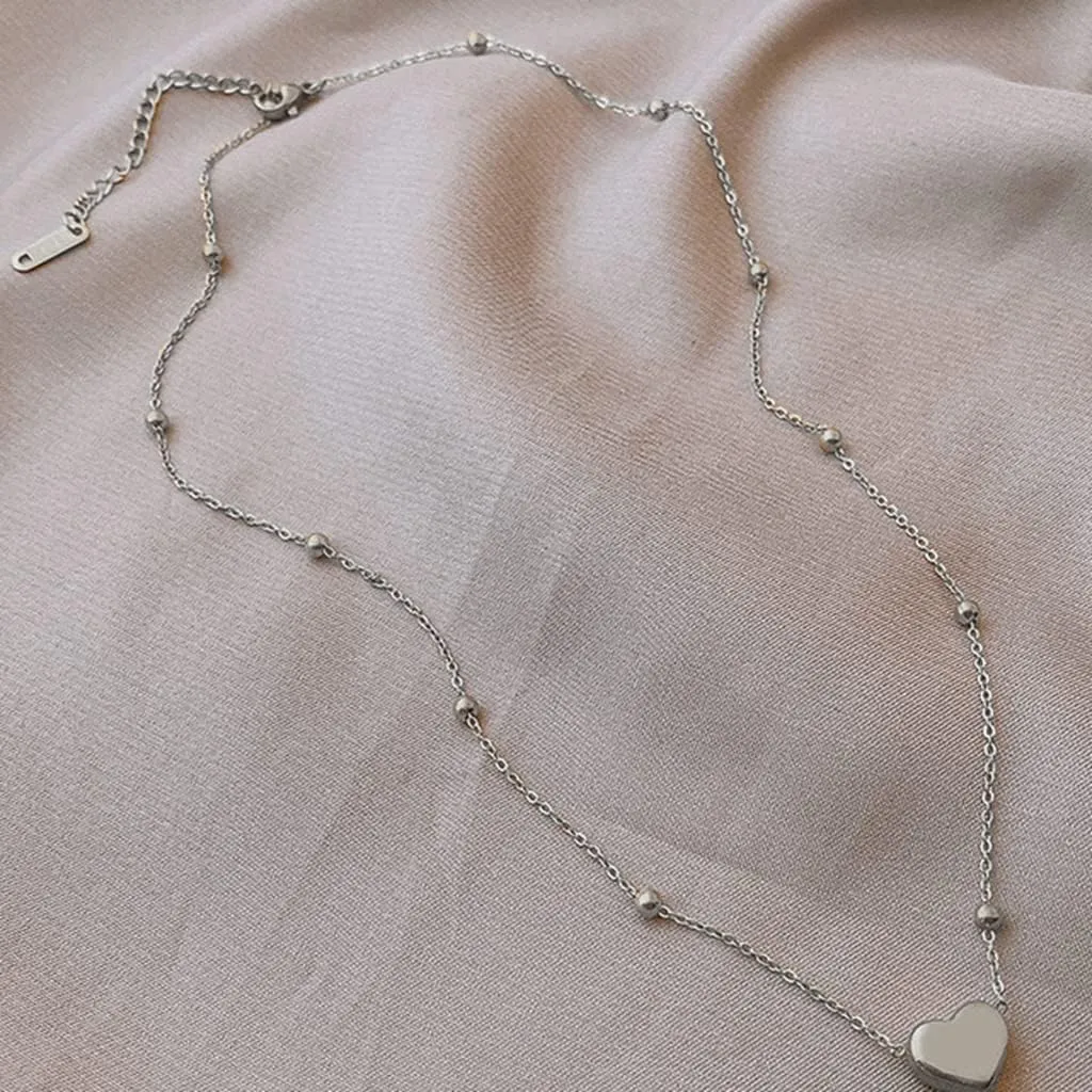 Jude Jewelers Stainless Steel Heart Charm Beaded Chain Classic Plain Wedding Statement Collar Necklace