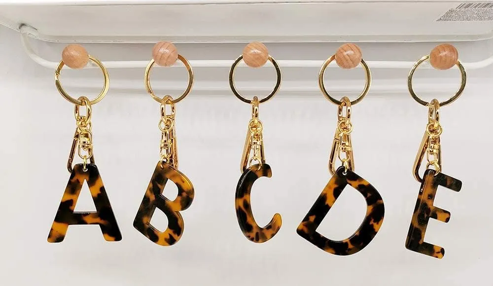 Junyuerly Letter Key Chains Accessories for Women and Girls, Gold Initial Key Ring Acetate Leopard Print Pendant for Car Keys