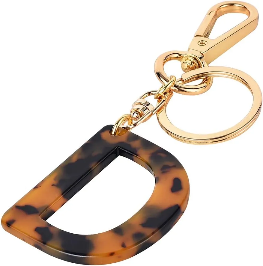 Junyuerly Letter Key Chains Accessories for Women and Girls, Gold Initial Key Ring Acetate Leopard Print Pendant for Car Keys