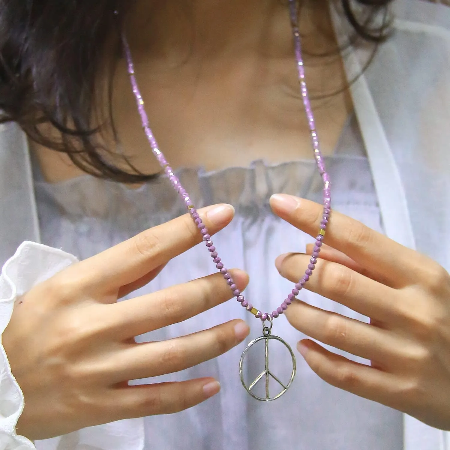 KELITCH Classic Peace Sign Necklace Love Hippie Pendant Frosted Crystal Beaded Necklace