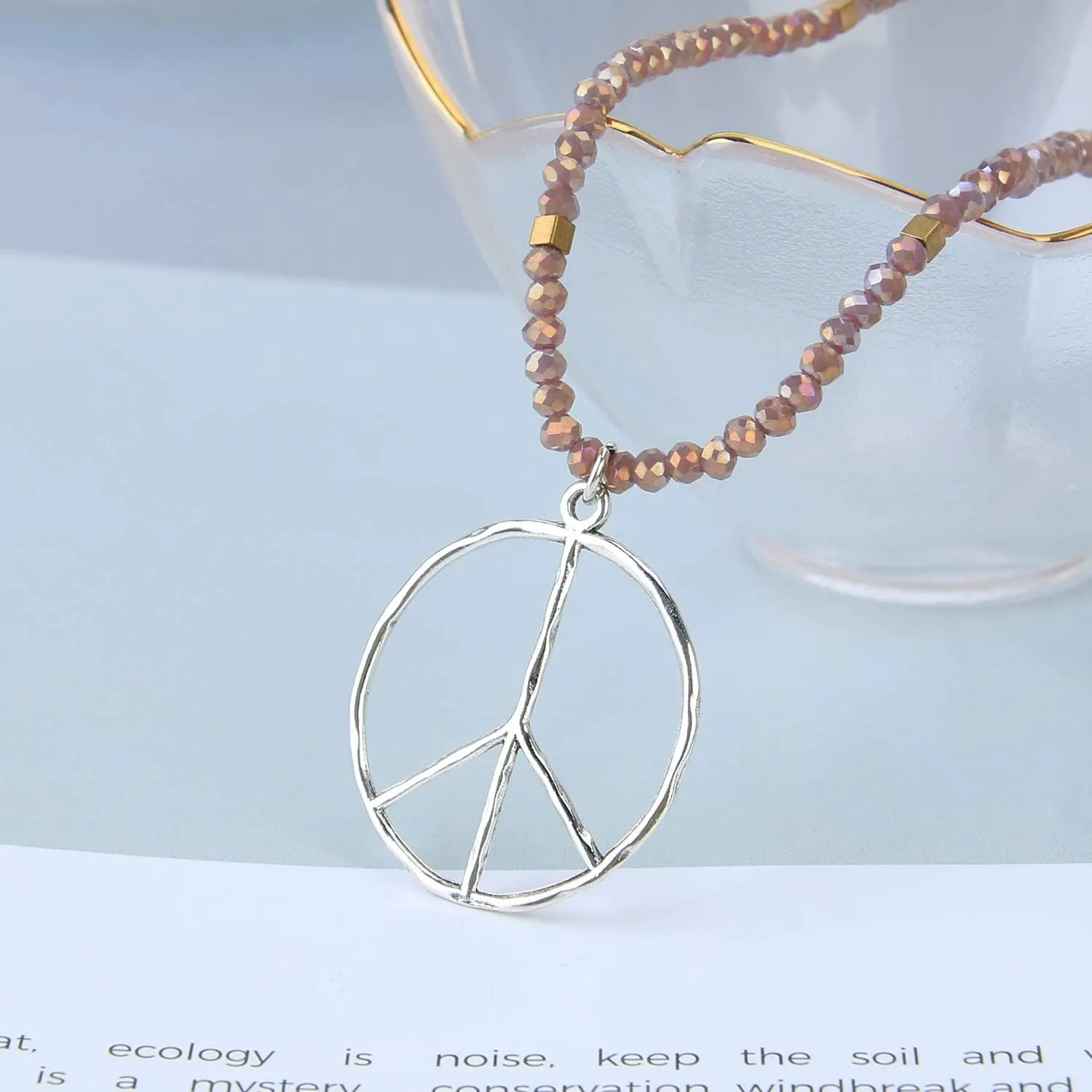 KELITCH Classic Peace Sign Necklace Love Hippie Pendant Frosted Crystal Beaded Necklace