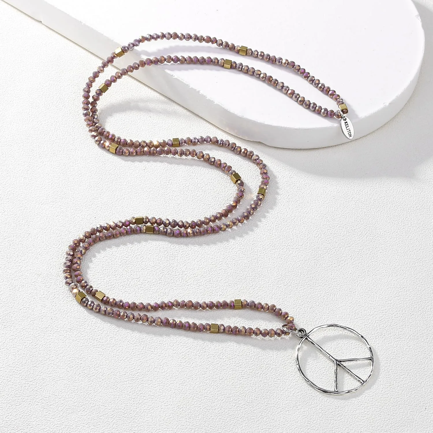 KELITCH Classic Peace Sign Necklace Love Hippie Pendant Frosted Crystal Beaded Necklace