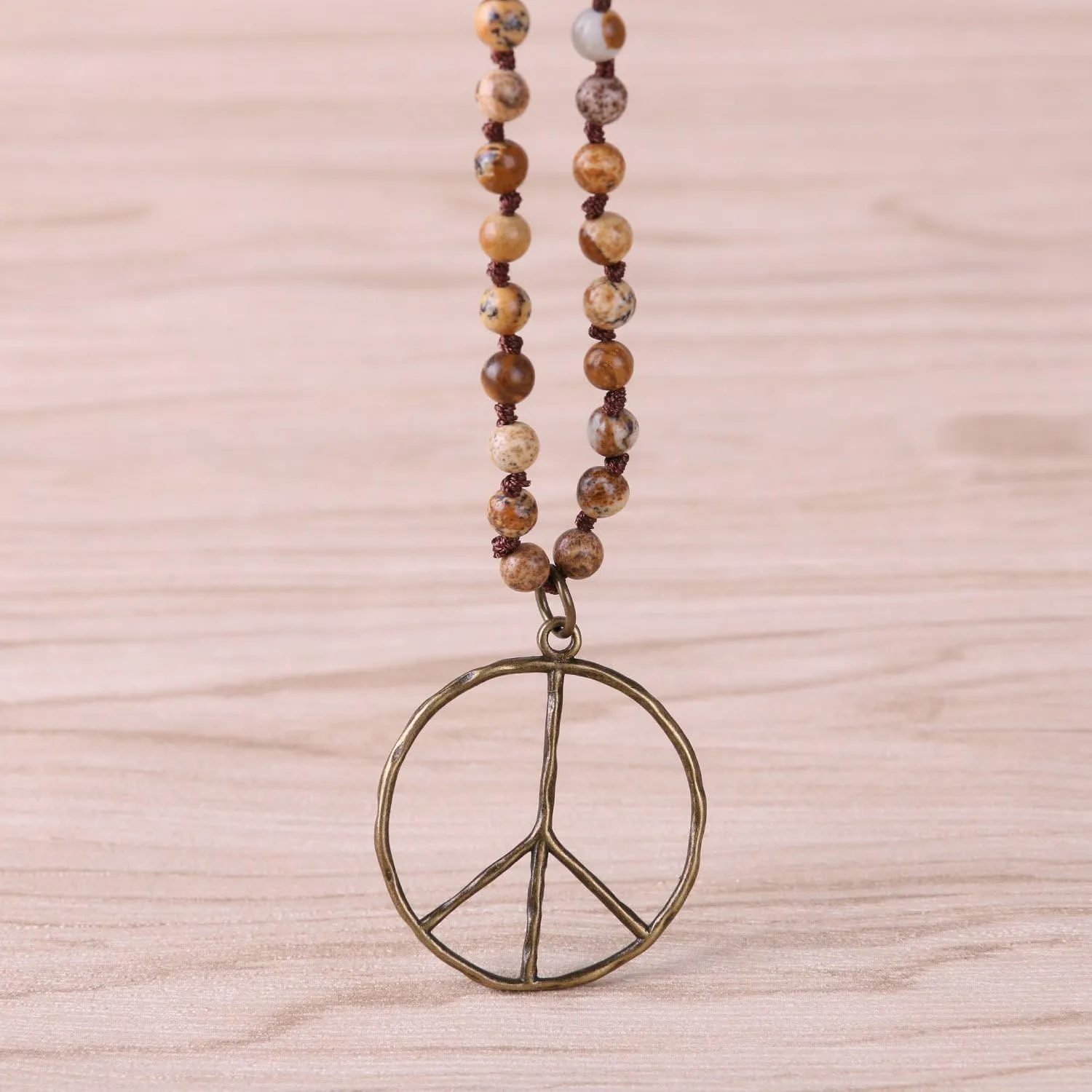 KELITCH Classic Peace Sign Necklace Love Hippie Pendant Frosted Crystal Beaded Necklace