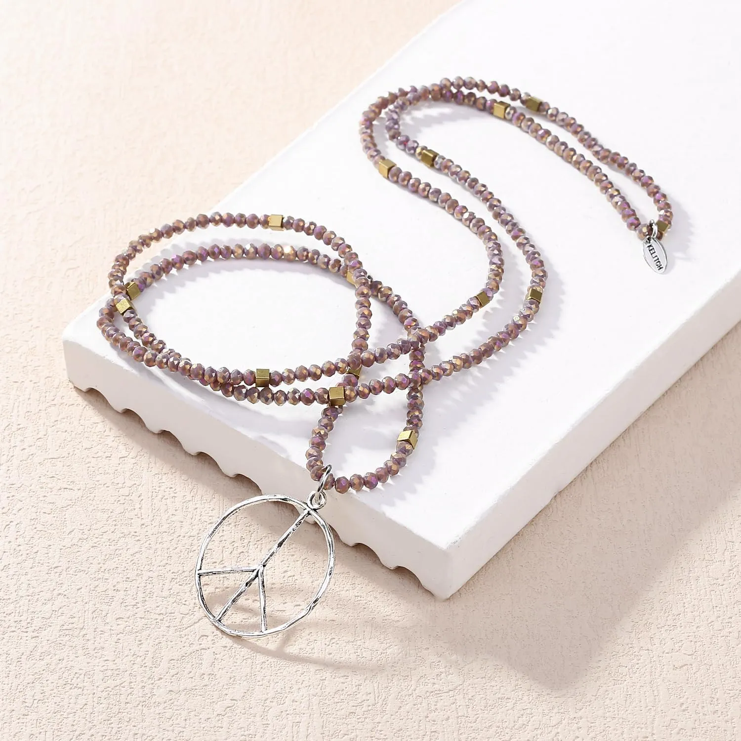 KELITCH Classic Peace Sign Necklace Love Hippie Pendant Frosted Crystal Beaded Necklace