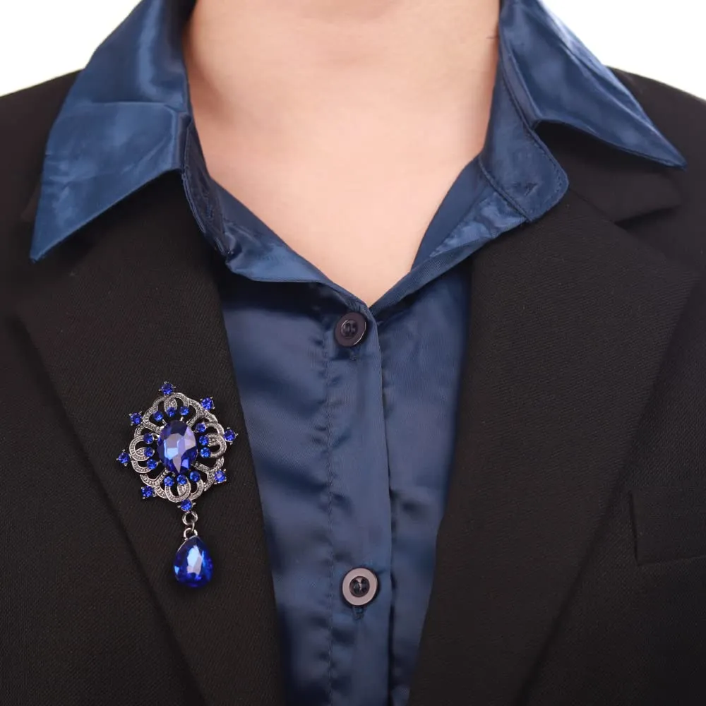 Kercisbeauty Blue Rhinestones Small Black Brooch for Unisex Women Men Dress Suit Brooches Pin Bling Jewelry for Special Occasion (Blue)