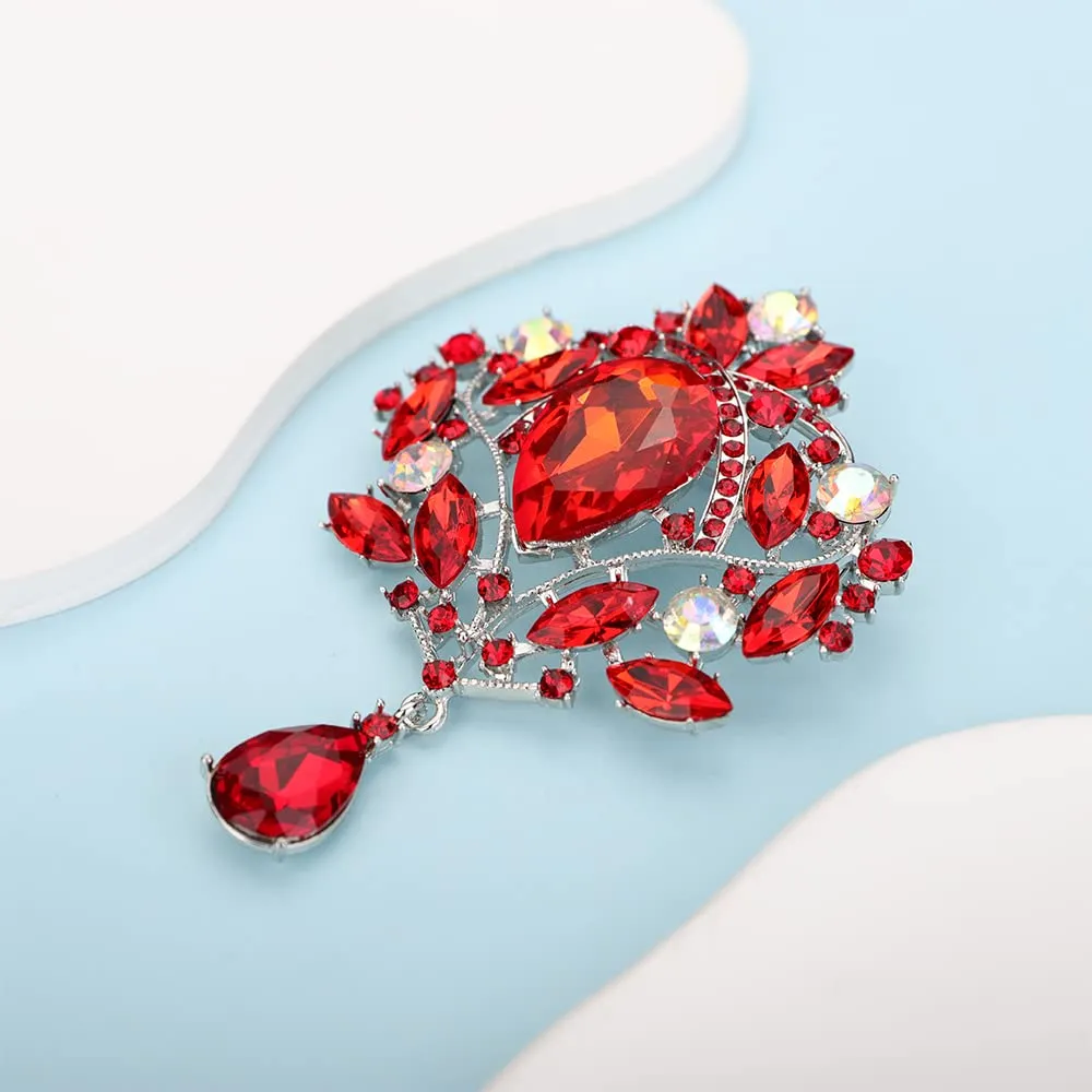 Kercisbeauty Statement Ruby Red Rhinestones Brooch for Women Unisex Special Occasion Gorgeous Bling Jewelry Teardrop Dangle Brooches (Silver, Red)