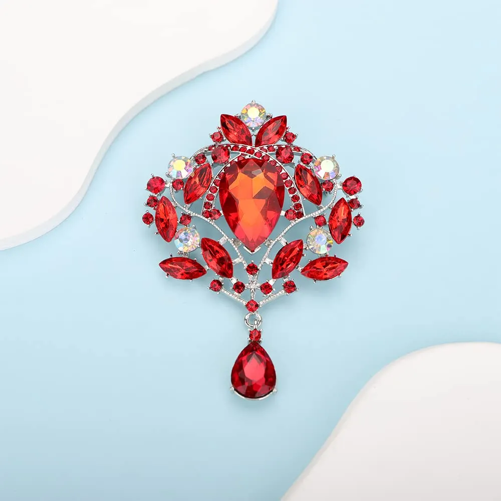 Kercisbeauty Statement Ruby Red Rhinestones Brooch for Women Unisex Special Occasion Gorgeous Bling Jewelry Teardrop Dangle Brooches (Silver, Red)