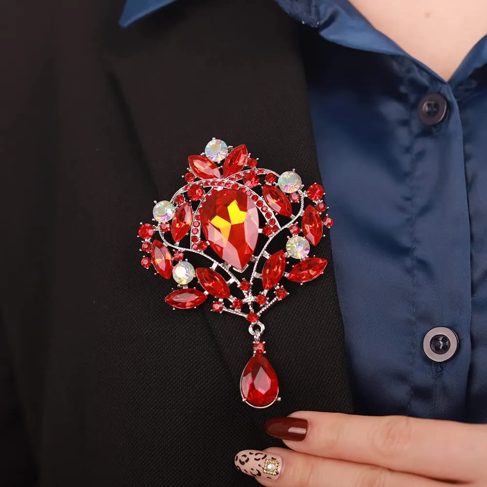Kercisbeauty Statement Ruby Red Rhinestones Brooch for Women Unisex Special Occasion Gorgeous Bling Jewelry Teardrop Dangle Brooches (Silver, Red)
