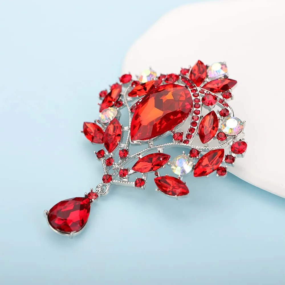 Kercisbeauty Statement Ruby Red Rhinestones Brooch for Women Unisex Special Occasion Gorgeous Bling Jewelry Teardrop Dangle Brooches (Silver, Red)