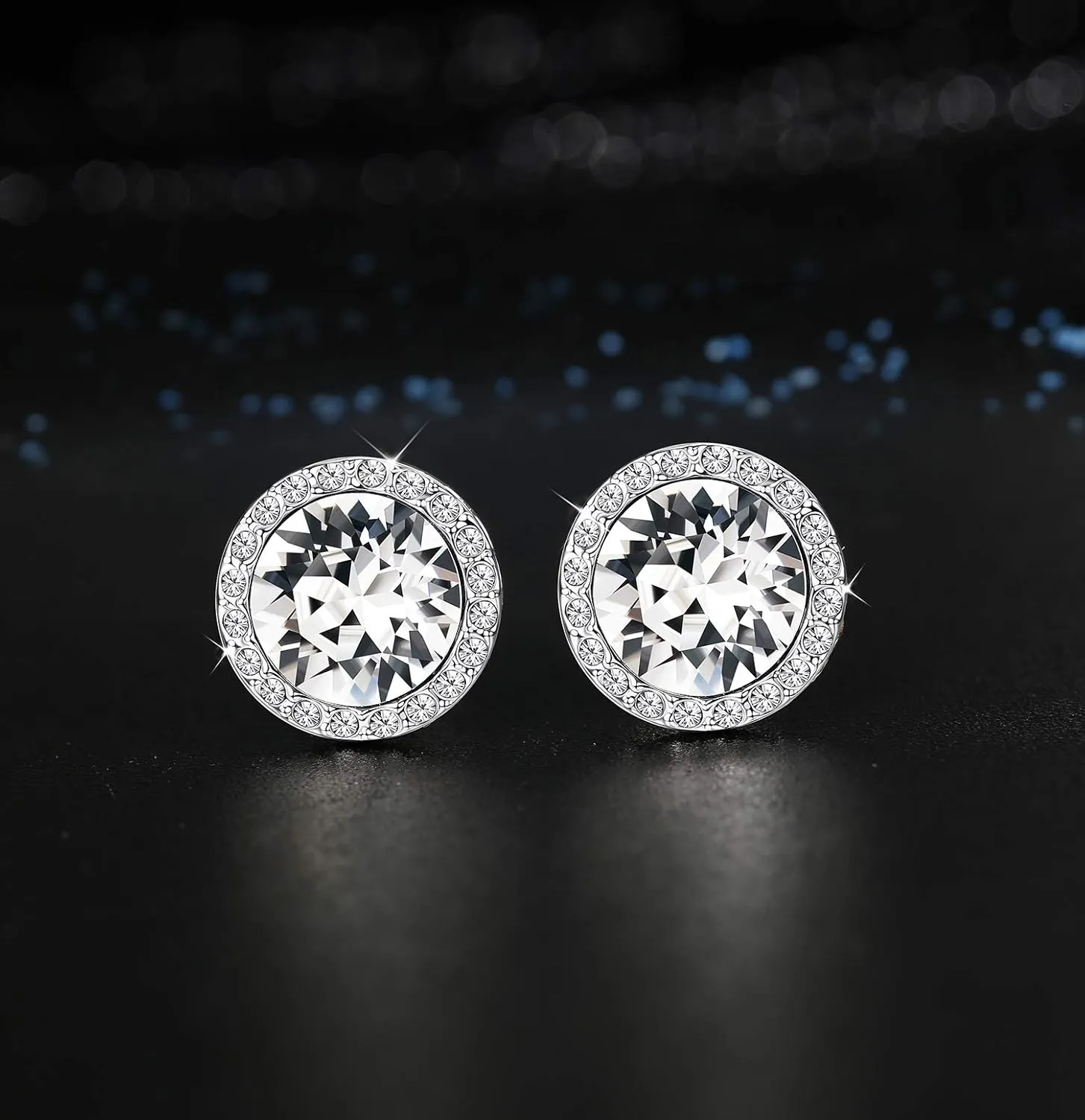 KesaPlan Sterling Silver Crystals Stud Earrings for Women, Made of Austria Crystals, Round-Cut Rhinestone Halo Bridal Earring Hypoallergenic Dance Competition Earrings
