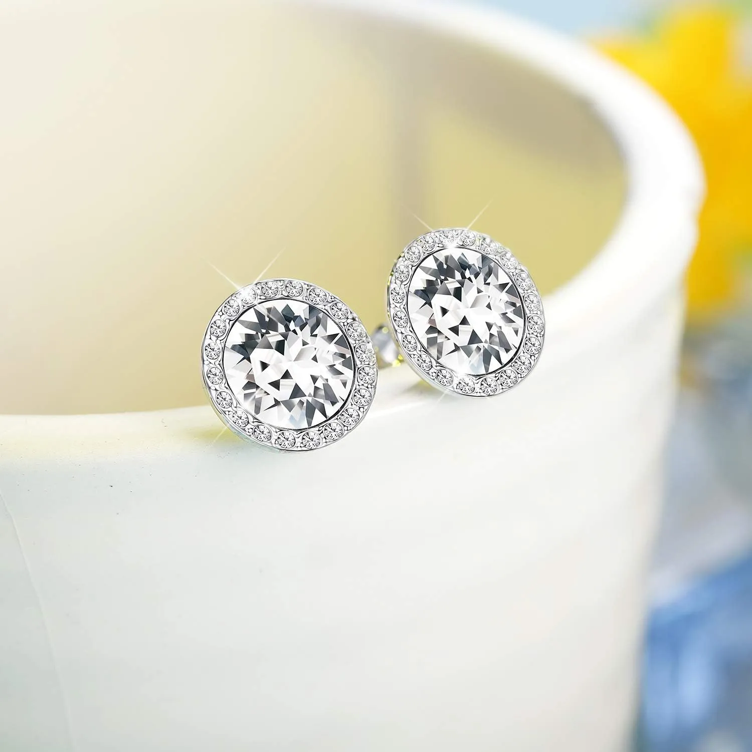 KesaPlan Sterling Silver Crystals Stud Earrings for Women, Made of Austria Crystals, Round-Cut Rhinestone Halo Bridal Earring Hypoallergenic Dance Competition Earrings