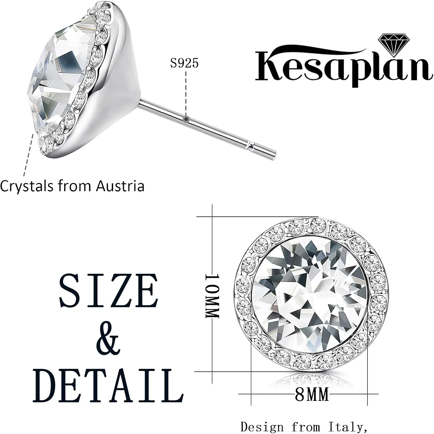 KesaPlan Sterling Silver Crystals Stud Earrings for Women, Made of Austria Crystals, Round-Cut Rhinestone Halo Bridal Earring Hypoallergenic Dance Competition Earrings