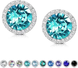 KesaPlan Sterling Silver Crystals Stud Earrings for Women, Made of Austria Crystals, Round-Cut Rhinestone Halo Bridal Earring Hypoallergenic Dance Competition Earrings