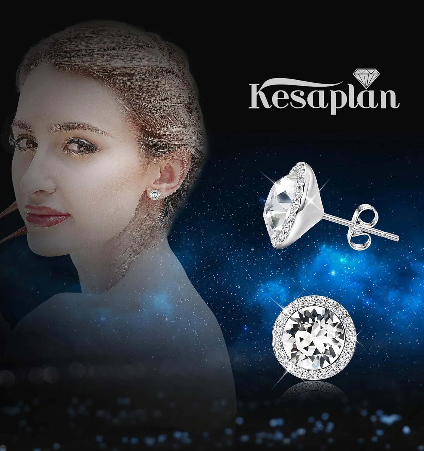 KesaPlan Sterling Silver Crystals Stud Earrings for Women, Made of Austria Crystals, Round-Cut Rhinestone Halo Bridal Earring Hypoallergenic Dance Competition Earrings