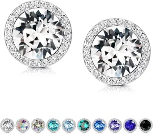 KesaPlan Sterling Silver Crystals Stud Earrings for Women, Made of Austria Crystals, Round-Cut Rhinestone Halo Bridal Earring Hypoallergenic Dance Competition Earrings