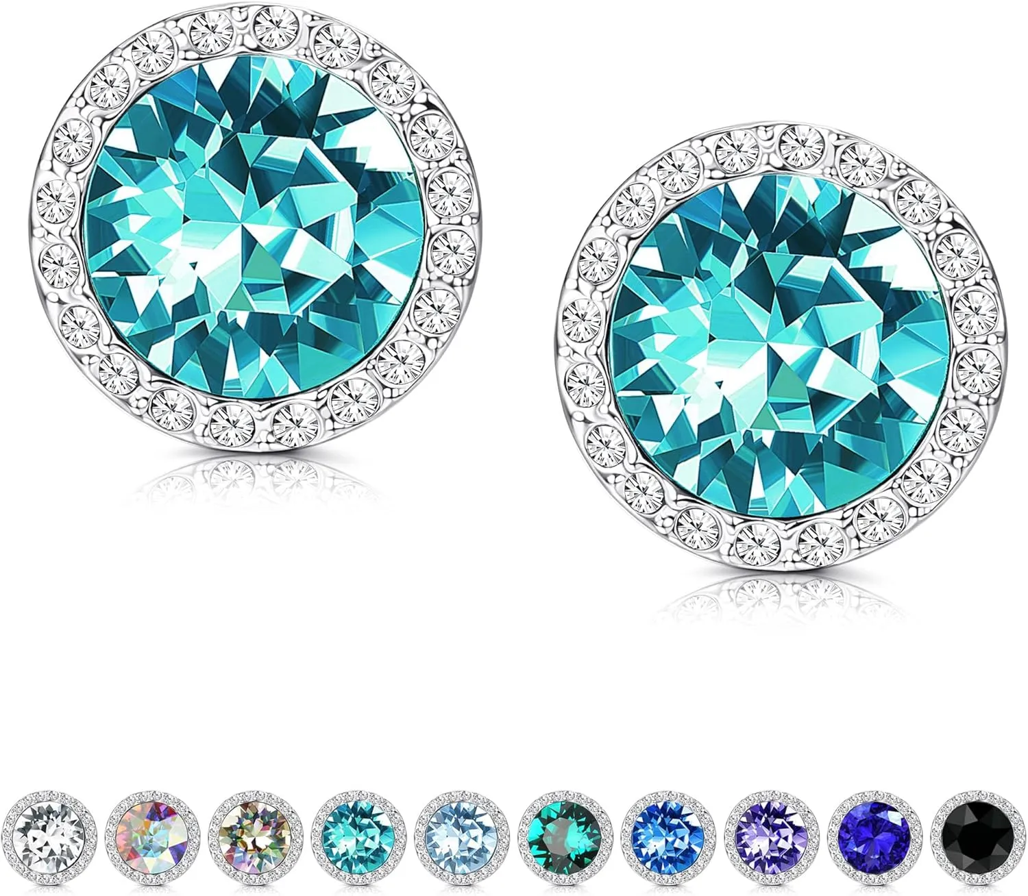 KesaPlan Sterling Silver Crystals Stud Earrings for Women, Made of Austria Crystals, Round-Cut Rhinestone Halo Bridal Earring Hypoallergenic Dance Competition Earrings