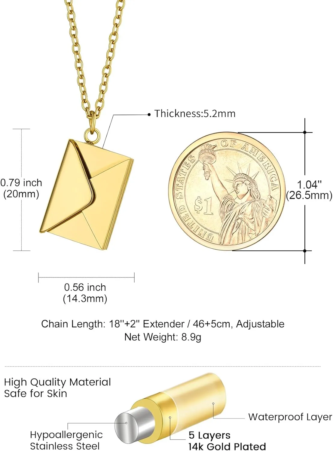 KeyStyle Personalized Envelope Locket Necklace for Women, Custom Love Letter Message Necklaces Birthstone Photo Jewelry Mother's Day Christmas Gift for Fiancee Mom Wife