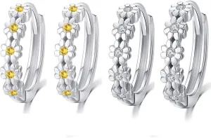 KINGWHYTE Daisy Earrings for Women 925 Sterling Silver Small Daisy Hoop Earrings Hypoallergenic Lucky Flower Huggie Hoop Earrings Christmas Birthday Jewelry Gifts for Wife Daughter 2 Pair Set-14mm