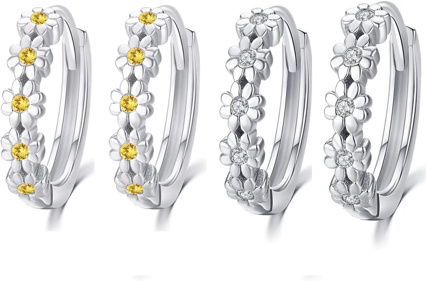KINGWHYTE Daisy Earrings for Women 925 Sterling Silver Small Daisy Hoop Earrings Hypoallergenic Lucky Flower Huggie Hoop Earrings Christmas Birthday Jewelry Gifts for Wife Daughter 2 Pair Set-14mm