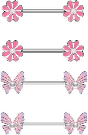 Kokoma 2 Pairs Daisy Flower Nipple Rings for Women Surgical Steel 14G Pink Enamel Pearl Butterfly Nipple Shield Ring Nipple Piercing Cute Barbell Body Piercing Jewelry