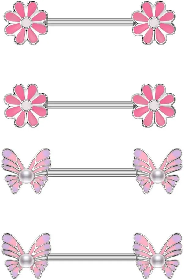 Kokoma 2 Pairs Daisy Flower Nipple Rings for Women Surgical Steel 14G Pink Enamel Pearl Butterfly Nipple Shield Ring Nipple Piercing Cute Barbell Body Piercing Jewelry
