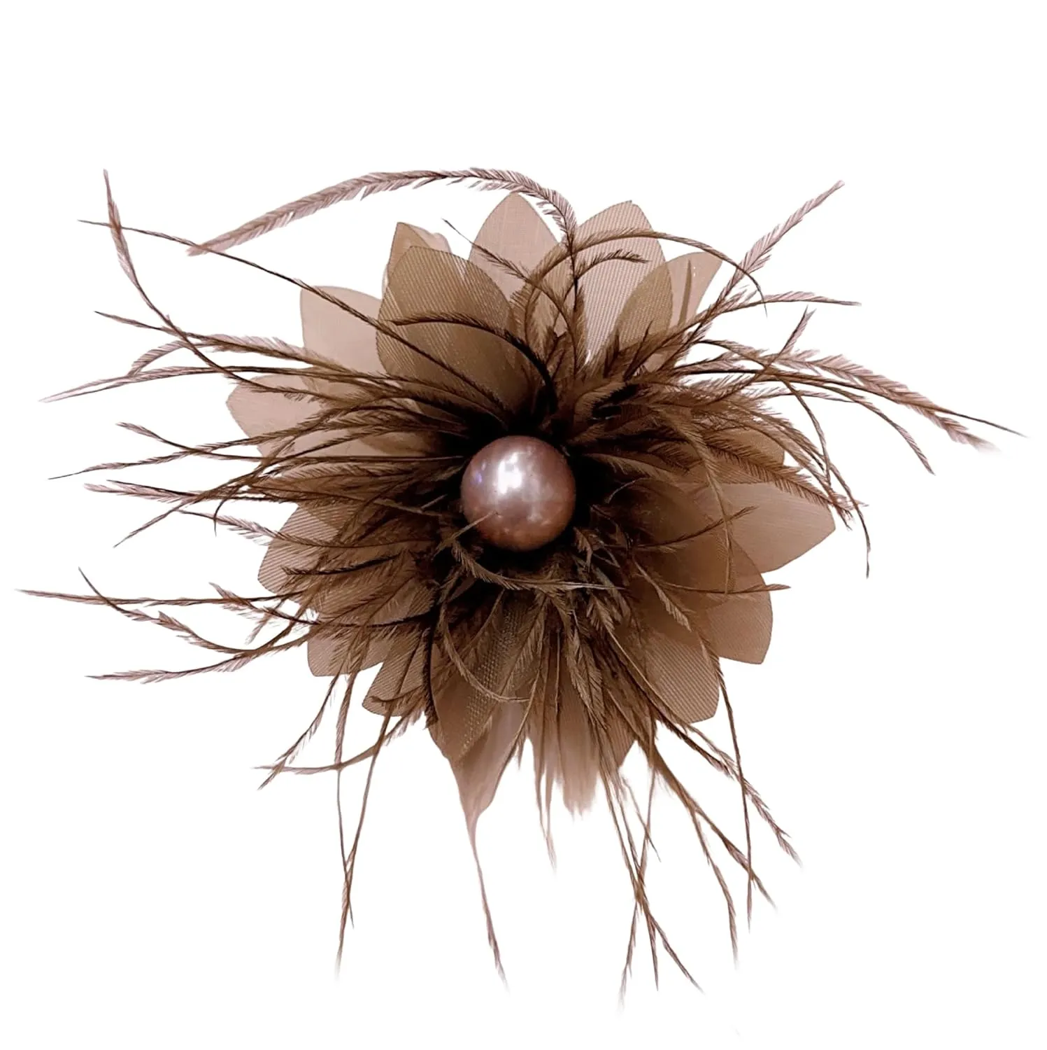 Lady Fascinator Feather Flower Brooch for Women Elegant Shell Pearl Mesh Blossom Hair Clip Wedding Corsage Lapel Pin Bridal Hairband Derby Hat Cocktail Party Costume Accessories (Brown)